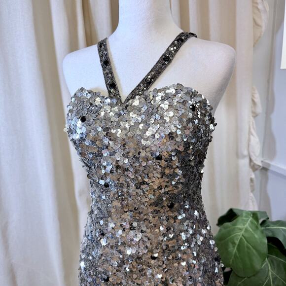 Scala Sexy Silver Beaded Sequin Cocktail Dress 4 Coquette Elegant Formal Luxury - Picture 3 of 14